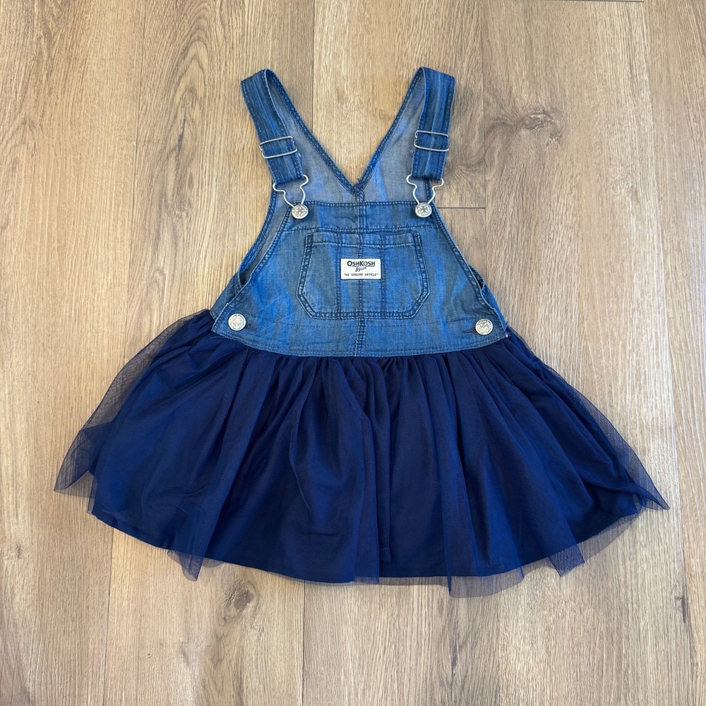 OshKosh Bgosh Toddler Girls Blue Denim Tulle Jumper Dress 2T Overall Skirt EUC